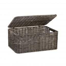 Dark brown wicker storage box, dimensions 37x27x17 cm, with a lid.