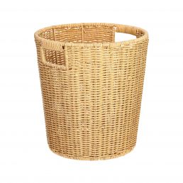 Light brown braided laundry basket, with a diameter of 26.5/21 cm and a height of 28 cm.