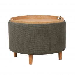 Roheline ümmargune tumba puidust jalgade ja eemaldatava puidust pealispinnaga, millel on sang; kõrgus 42,5 cm, läbimõõt 56 cm.