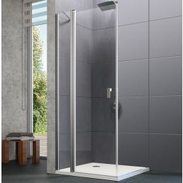 Kulmikas suihkuovi, jossa kromiviimeistely ja läpinäkyvä lasi, mitat: leveys 1000 mm ja korkeus 2000 mm.