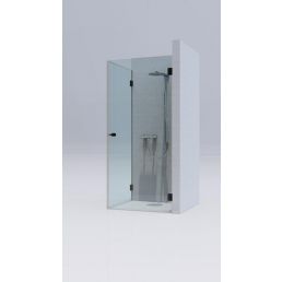 Shower enclosure with two clear glass doors and metal handles.