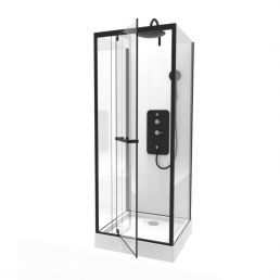 Black and white shower cabin, size 80x80x210-230 cm, with glass doors and a metal frame, equipped with an adjustable hand shower.