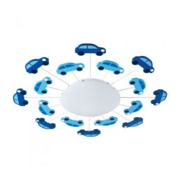 Laelamp lastetuppa, auto kujundusega, sinine. Sisaldab valget keskosa, mis on ümbritsetud siniste autodega.