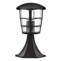 Black Aloria outdoor lamp, classic style, sturdy body with clear glass panels.
