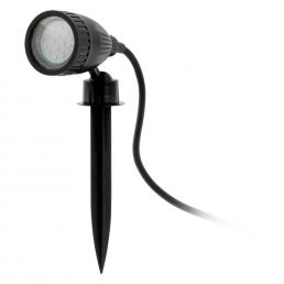 Black EGLO NEMA1 spike outdoor light with a 3W GU10 LED bulb, IP44, suitable for outdoor use.