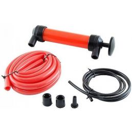 Oranž ja musta värvi Arnoldi sifoonpump, kaasas punane ja must voolik ning eri suuruses otsikud.