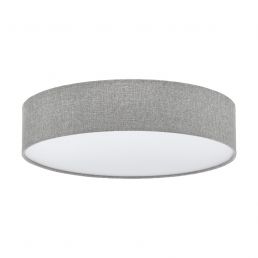 Rund taklampa täckt med mörkgrått tyg och medelstor diameter.