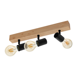 Taklampa med tre ljuskällor, träplatta och svarta metallstöd.