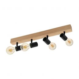 Eglo Townshend 3 spotlight track in wood and black metal, with four adjustable spotlights.