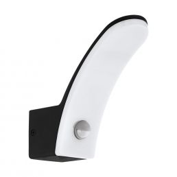 White Eglo Fiumicino wall light with a black motion sensor and curved design.