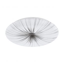 White wall or ceiling lamp, round in shape, featuring a dark central detail that radiates powerful lines outward.