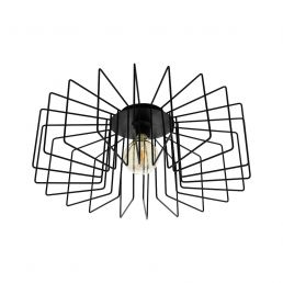 Ceiling light with a black metal frame and a transparent bulb in the center.