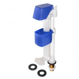 Blue and white toilet fill valve mechanism, including installation accessories.