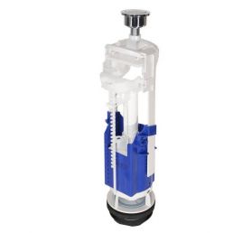 A transparent and blue plastic flush mechanism with a metal button on top and a black seal at the base.