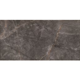 A ceramic wall tile with dark brown marble imitation, featuring light and dark streaks with a glossy finish.
