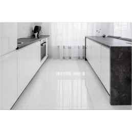 White minimalist kitchen showcasing Super Snow White ceramic wall and floor tiles. Bright, glossy tiles create a clean and spacious appearance.
