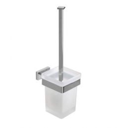 White toilet brush with holder, modern matte finish and mounting hook.