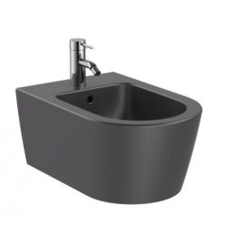 Wall-mounted black bidet with dimensions 370x560 mm, includes a faucet.