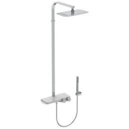 Silver shower system with a rectangular metal shower head, exposed thermostatic mixer, and a handheld shower on a flexible hose.