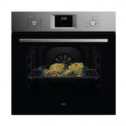Electric oven with a digital timer and a stainless steel finish. Features a glass door and chromed shelves.