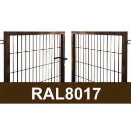 Brun dubbeldörr för bil med vertikala och horisontella metallstänger, handtag, bredd 4000 mm, höjd 950-1450 mm, färg RAL8017.