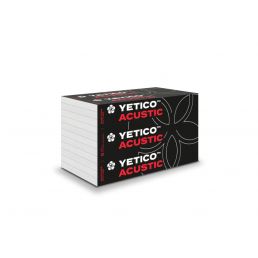 Valge ristkülikukujuline akustiline EPS-plaat, mõõtmetega 1000x500 mm, pakendatud musta ja punase kujundusega karpi, millel on kiri Yetico Acustic.