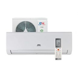 Valge seinale paigaldatav õhksoojuspump, ümarate ventilaatoriluukidega ja kaugjuhtimispuldiga.