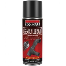 Black metal can of Soudal assembly lubricant, 400 ml, with a red and white striped label featuring a nozzle image.