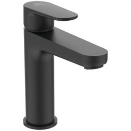 Black single-handle faucet with a minimalist and modern design.