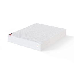 Valge vedrumadrats pehme, tekstuurse kangaga ja logodega nurkades.