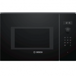 Svart inbyggd mikrovågsugn Bosch BFL554MB0, digital klocka och pekknappar.