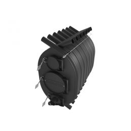 Black metal air heater with an oval body, heat exchange tubes on top, and two round doors on the front.