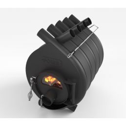 Must Polar 02 õhkkütteahi klaasiga, ümara kujuga, nähtava leegiga luuk ja kaks metallist käepidet külgedel.