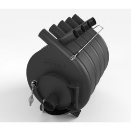 Must õhkkütteahi Polar 02 on ketta kujuga, käepideme ja väljalasketoruga.