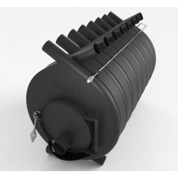 Musta värvi õhkkütteahi, silindrikujuline, ridamisi samas suunas paigutatud õhutorud pealispinnal ja metallist käepide küljel.