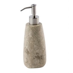 Beige liquid soap dispenser with a stone pattern and a metal pump.