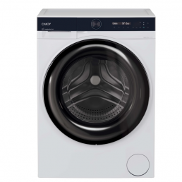 Edestä täytettävä valkoinen pesukone-kuivausrumpu, iso pyöreä mustareunainen läpinäkyvä luukku, digitaalinen ohjauspaneeli ylhäällä oikealla.