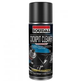 Soudal Cockpit Cleaner, 400 ml, black aerosol can with a red, blue, and white label, depicting the product's application in a picture.