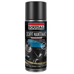 Black 400 ml aerosol can labeled 'Soudal Cockpit Maintenance', featuring an image of a car dashboard on the label.