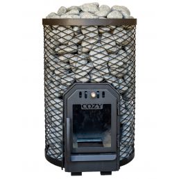 Sauna stove Cozy 12 O: black metal body with a stone pile on top, front control panel, and firebox door.