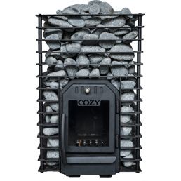 Sauna stove with a metal frame, stone holder, and a front glass door featuring the 'Cozy' logo above.