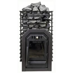 Black Cozy sauna stove with gray stones on top, featuring a large glass door and side ventilation slots.