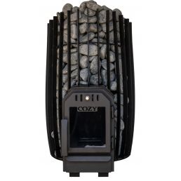 Svart Cozy 12 SW-TW bastuugn med glasdörr och stenar arrangerade runtom. Ugnen kan värmas upp från ett annat rum.