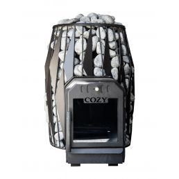 Bastuugn 'Cozy 18 OG', svart metallram med glasdörr och omgiven av vita stenar.