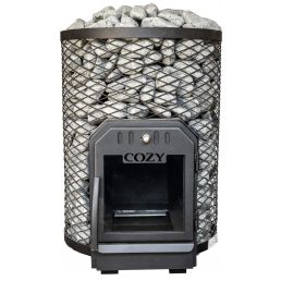 Svart bastuugn med en stenkorg ovanpå. Dörren har ett glasfönster och ett handtag, med kontrollpanel ovanpå.