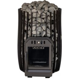 Svart bastuugn Cozy 18 SW med stenar på toppen. Modern design och temperaturkontrollknapp på framsidan.