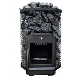 Bastuugn 'Cozy 18' med en design för att hålla stenar, omgiven av svart metallnät och utrustad med en frontlucka.
