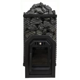 Svart bastuugn med möjlighet till uppvärmning från ett annat rum. Tillverkad av rostfritt stål, inkluderar stenar.