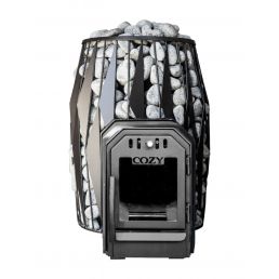 Black metal sauna stove with grey stones, designed to be heated from another room.