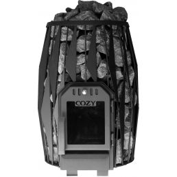 Black metal sauna stove with a large stone-filled chamber, a visible transparent door, and digital controls.